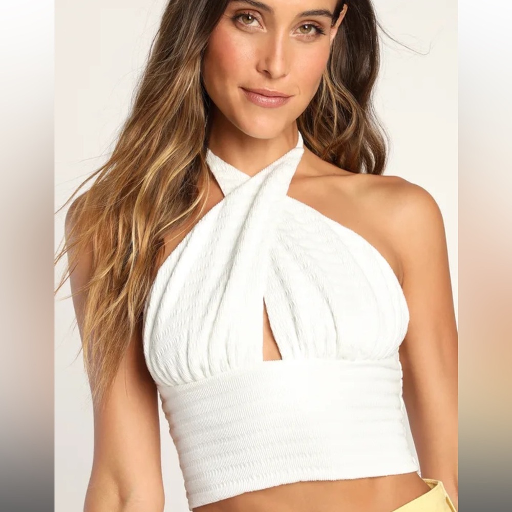 NWT! Lulus Always Looking Cute White Smocked Cropped Halter Top- Sz small